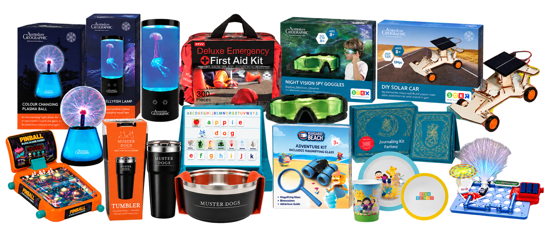 An Ultimatum assortment featuring Australian Geographic, STEM, Medic's Choice, Muster Dogs, Kangaroo Beach, Bookish and learning products
