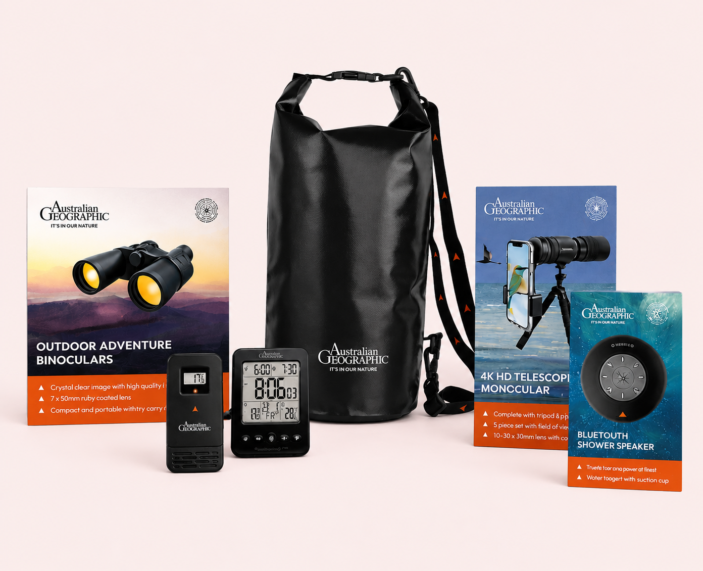 Australian Geographic drink bottles, discovery lighting and science products shown together