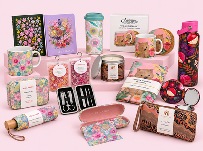 Coordinated artist-designed stationery, umbrella, drink bottle and pouch