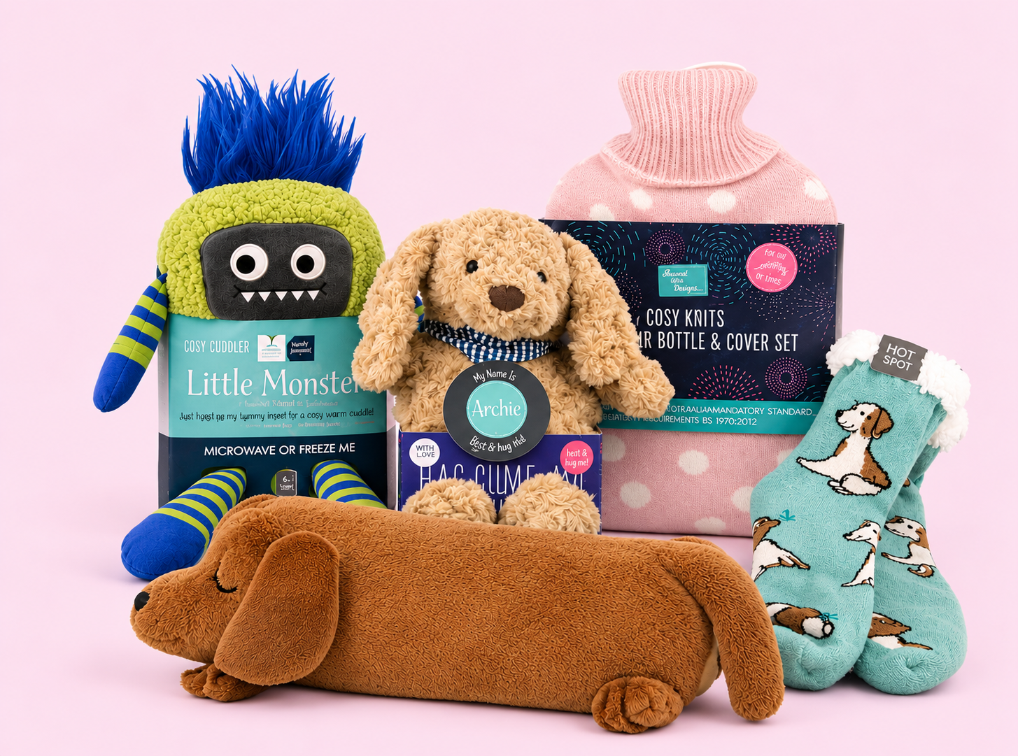 Colourful hot water bottle covers and character gifts from Sweet Little Things